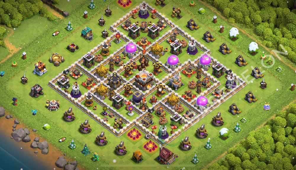 Town Hall Level 11 Trophy/Defense Base Design 2026, Max Levels, Hybrid, Layout #2829