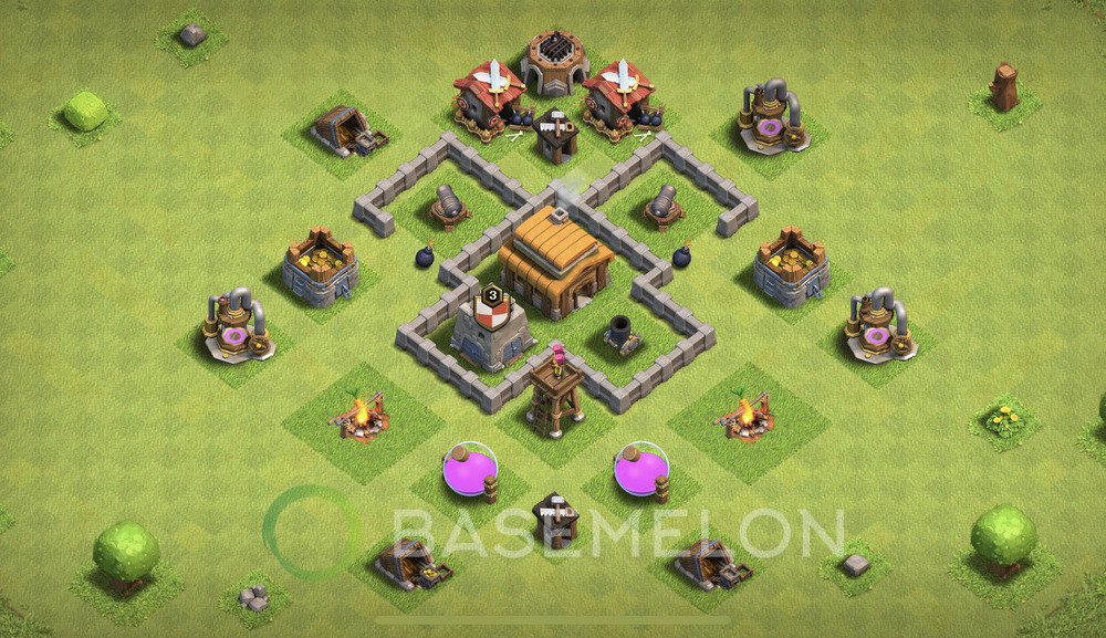 Town Hall Level 3 Trophy/Defense Base Design 2025, Anti 3 Stars, Layout #1221