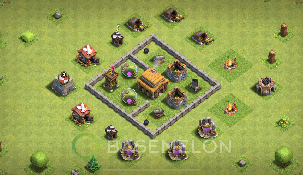 Town Hall Level 3 Trophy/Defense Base Design 2025, Max Levels, Hybrid, Layout #1880