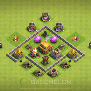 Town Hall Level 3 Trophy/Defense Base Design, Anti 3 Stars, Hybrid, Layout #199
