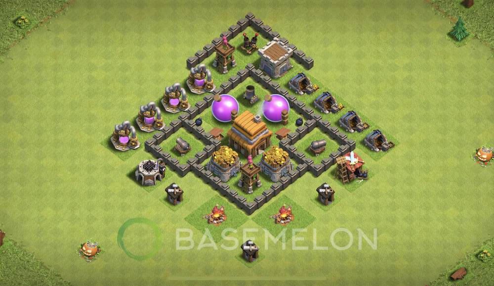 Town Hall Level 4 Trophy/Defense Base Design 2024, Anti Everything, Hybrid, Layout #1104