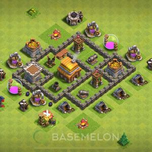 Town Hall Level 4 Trophy/Defense Base Design 2025, Max Levels, Anti 3 Stars, Layout #1650