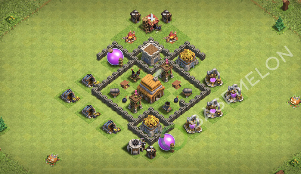 Town Hall Level 4 Trophy/Defense Base Design 2025, Anti 3 Stars, Anti Everything, Layout #2152