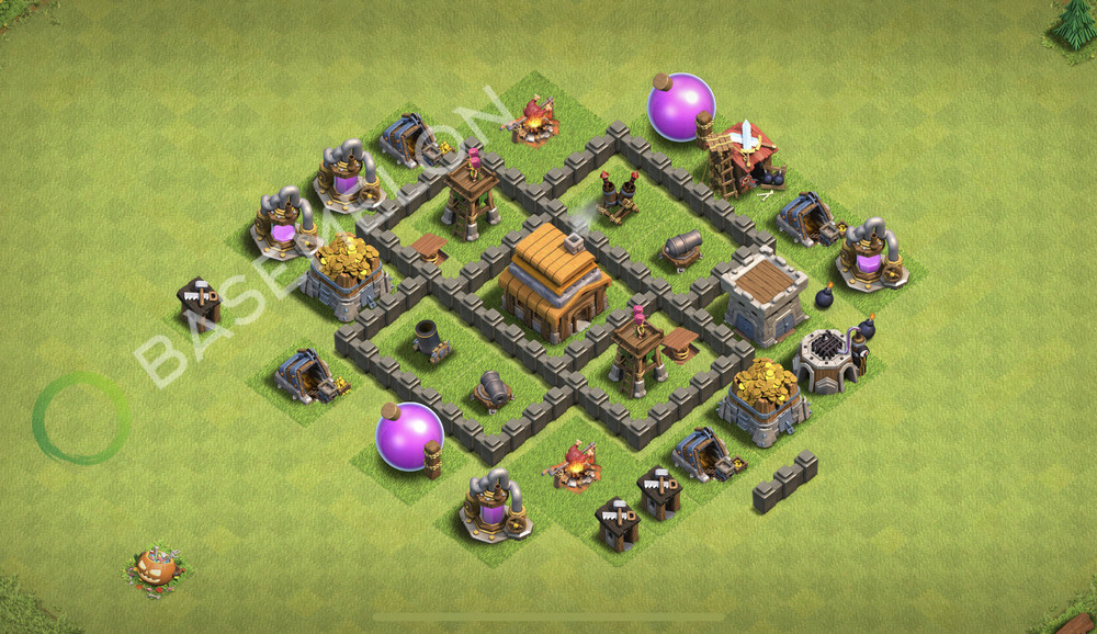 Town Hall Level 4 Trophy/Defense Base Design 2026, Anti 3 Stars, Anti Everything, Layout #2475