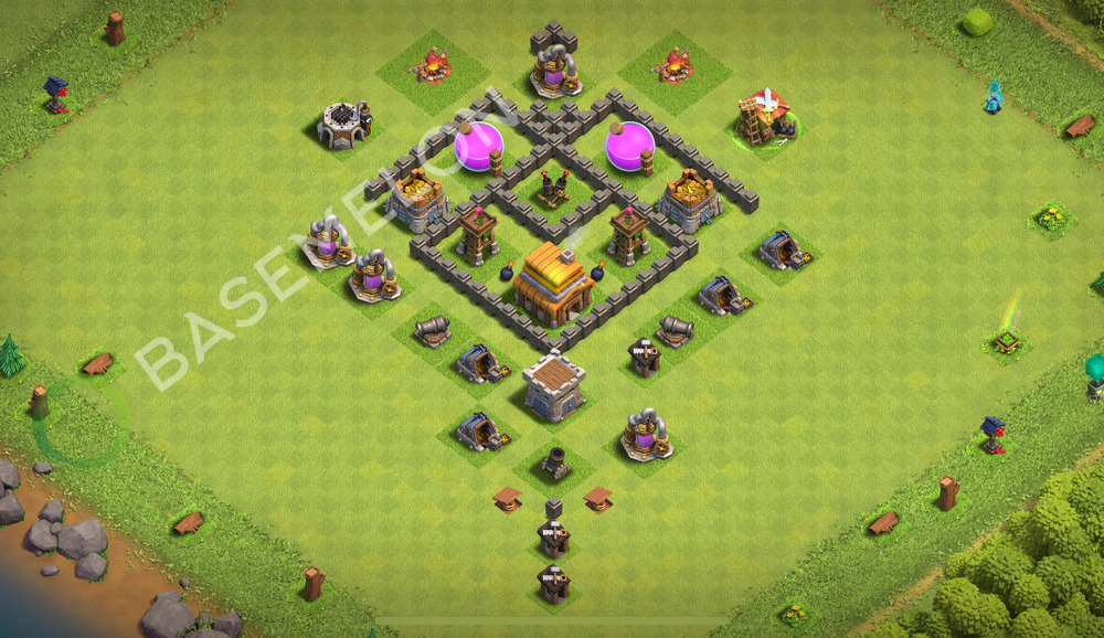 Town Hall Level 4 Trophy/Defense Base Design 2026, Anti 3 Stars, Anti Everything, Layout #2853