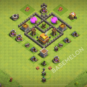 Town Hall Level 4 Trophy/Defense Base Design 2026, Anti 3 Stars, Anti Everything, Layout #2853