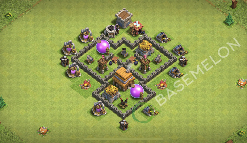 Town Hall Level 4 Trophy/Defense Base Design 2026, Max Levels, Hybrid, Layout #3057