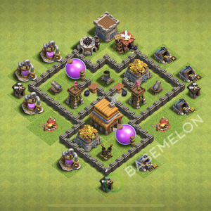 Town Hall Level 4 Trophy/Defense Base Design 2026, Max Levels, Hybrid, Layout #3057
