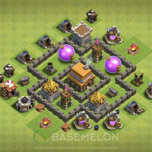 Town Hall Level 4 Trophy/Defense Base Design, Max Levels, Hybrid, Layout #332