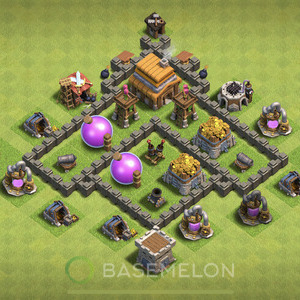 Town Hall Level 4 Trophy/Defense Base Design, Max Levels, Hybrid, Layout #374