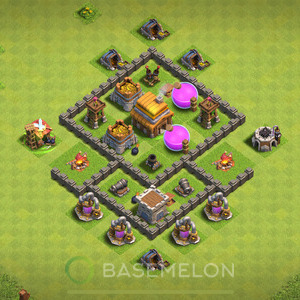 Town Hall Level 4 Trophy/Defense Base Design, Anti 3 Stars, Anti Air, Layout #527