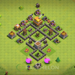 Town Hall Level 4 Trophy/Defense Base Design, Anti 3 Stars, Layout #583