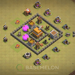 Town Hall Level 4 War Base Design, Anti 3 Stars, Hybrid, Layout #605