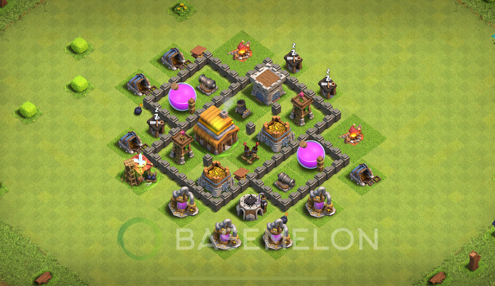 Town Hall Level 4 Trophy/Defense Base Design 2024, Anti 2 Stars, Hybrid, Layout #642