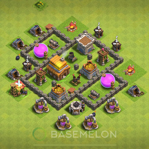 Town Hall Level 4 Trophy/Defense Base Design, Anti 2 Stars, Hybrid, Layout #642
