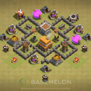 Town Hall Level 4 War Base Design, Anti 2 Stars, Anti Everything, Layout #747