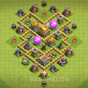 Town Hall Level 5 Trophy/Defense Base Design, Anti 3 Stars, Hybrid, Layout #156