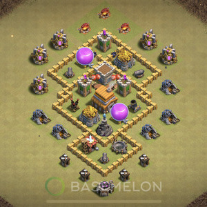 Town Hall Level 5 War Base Design, Anti 2 Stars, Hybrid, Layout #474