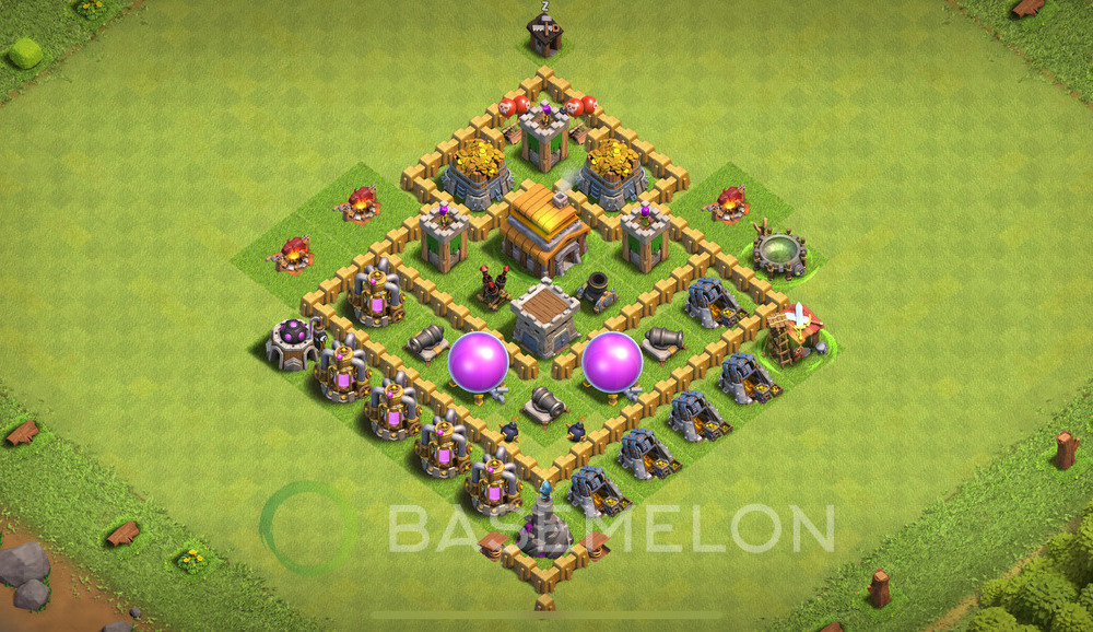 Town Hall Level 5 Trophy/Defense Base Design 2024, Anti 2 Stars, Hybrid, Layout #480