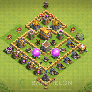 Town Hall Level 5 Trophy/Defense Base Design, Anti 2 Stars, Hybrid, Layout #480