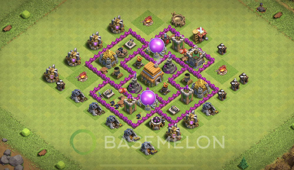 Town Hall Level 6 Trophy/Defense Base Design 2024, Max Levels, Hybrid, Layout #1054