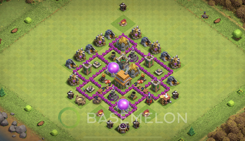 Town Hall Level 6 Trophy/Defense Base Design 2024, Anti 2 Stars, Hybrid, Layout #695