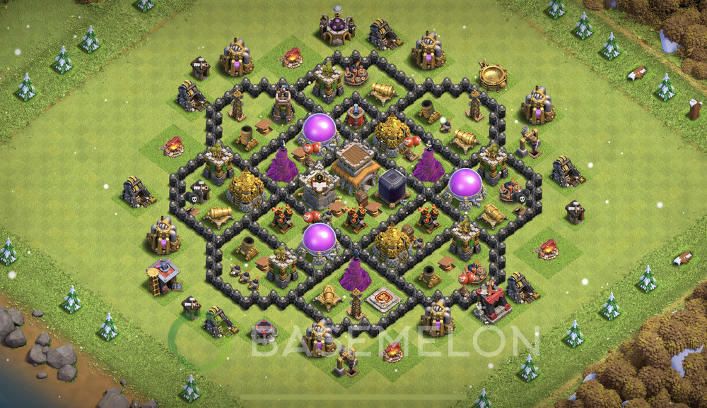 Town Hall Level 8 Trophy/Defense Base Design 2025, Anti 2 Stars, Hybrid, Layout #1652