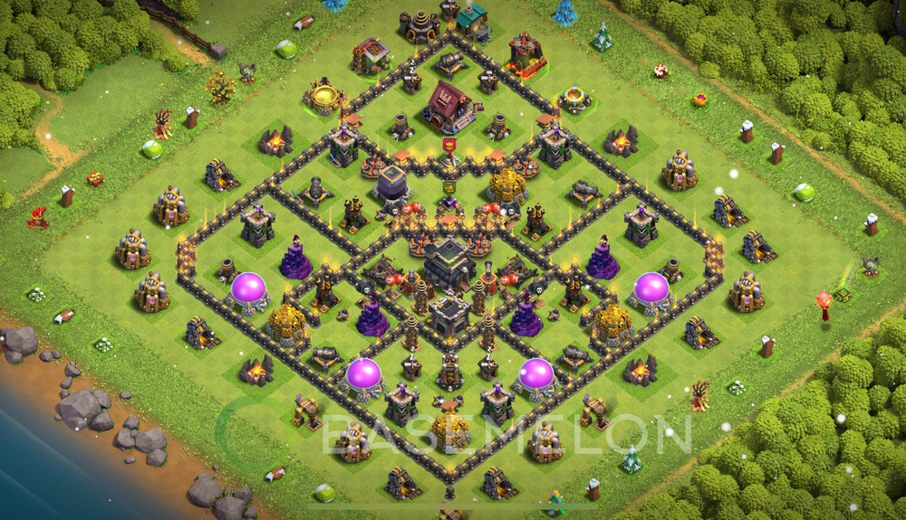 Town Hall Level 9 Trophy/Defense Base Design 2025, Anti 2 Stars, Hybrid, Layout #112