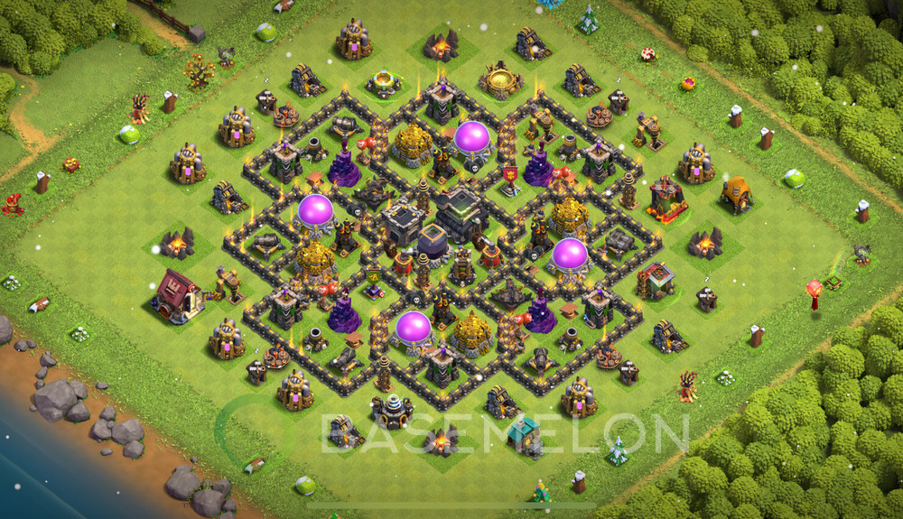 Town Hall Level 9 Trophy/Defense Base Design 2025, Anti 2 Stars, Hybrid, Layout #1140