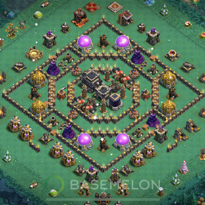 Town Hall Level 9 Trophy/Defense Base Design 2025, Anti 2 Stars, Hybrid, Layout #1248
