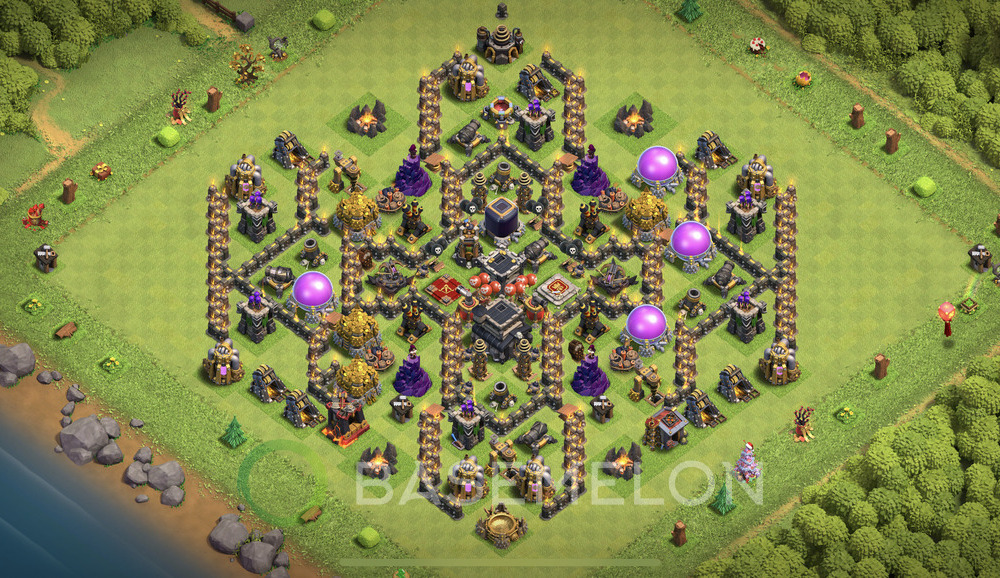 Town Hall Level 9 Trophy/Defense Base Design 2025, Anti 2 Stars, Hybrid, Layout #2123