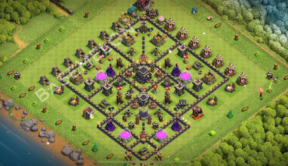 Town Hall Level 9 Trophy/Defense Base Design 2026, Anti 2 Stars, Hybrid, Layout #2795