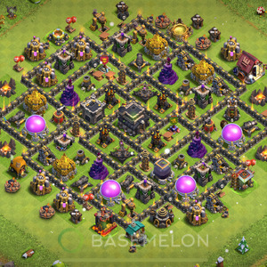 Town Hall Level 9 Trophy/Defense Base Design 2025, Anti 2 Stars, Hybrid, Layout #433